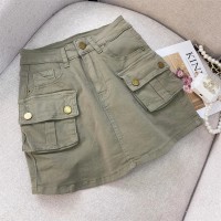 2023 New Women Denim Short Skirts Women Spring Summer High Waist Double Pcokets A Line Skirt Korean Fashion Casual Streetwear