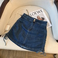 New Summer Trend Hot Girl Sexy Style High Waist Side Drawstring Mini Denim Skirt Solid Color Stretch Skinny Women A-Line Skirt